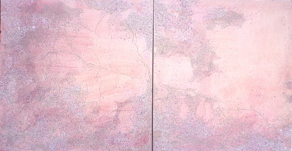 Wax, ink, and acrylic paint drawn across two equally sized, square canvases.