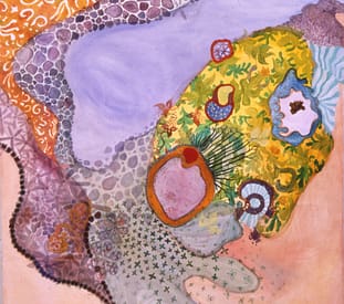 oil painting of left ovary painted with green, purple, and orange patterning all around